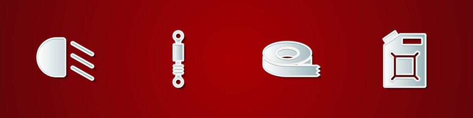 Set High beam, Shock absorber, Scotch tape and Canister for gasoline icon. Vector.