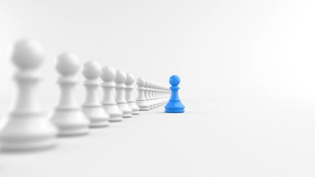 Leadership concept, blue pawn of chess, standing out from the crowd of white pawns, on white background