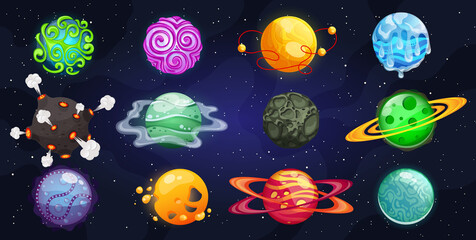 Fantasy planets. Colorful different planets space universe, astronomy cosmic objects. Vector isolated set funny alien fantastic elements space © SERHII