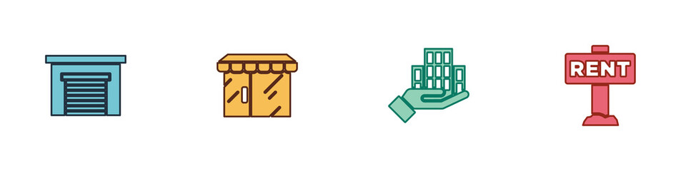 Set Garage, Market store, Skyscraper and Hanging sign with Rent icon. Vector.
