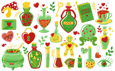 Love potion. Doodle magical elixir. Bottles and vials with alchemical beverages