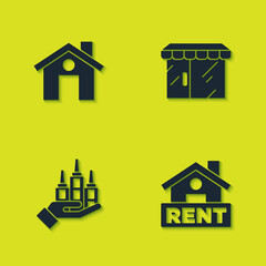 Set House, Hanging sign with Rent, Skyscraper and Market store icon. Vector.