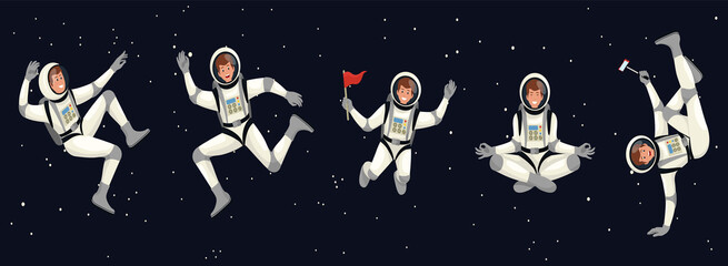 Set collection astronauts. Futuristic cosmonaut in spacesuit walking and flying. © SERHII