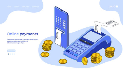 Online payments.The concept of online payment for goods and services.A smartphone as a payment terminal.Sending money from the terminal to your smartphone.3D image.The landing page template.