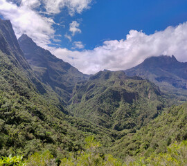 Mountainous landscape of inland mountain of Reunion island, France, Tropical Europe.