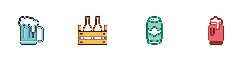 Set Wooden beer mug, Pack of bottles, Beer can and with foam icon. Vector.