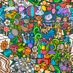 Cartoon cute doodles kids toys seamless pattern.