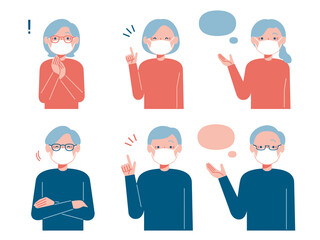 マスクをしたシニアの男性・女性のセットイラスト（納得・解説）
