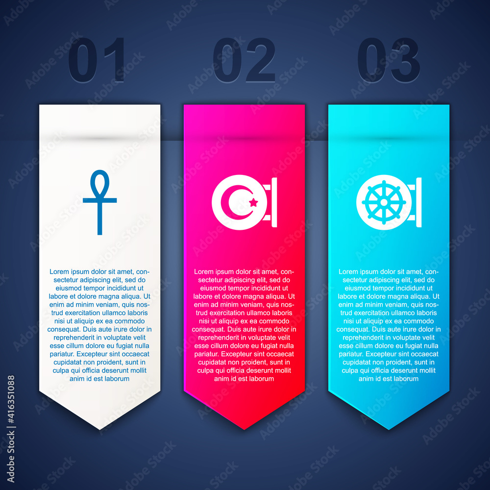 Poster set cross ankh, star and crescent and dharma wheel. business infographic template. vector.