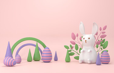 Cute bunny and painted eggs - 3d illustration render. Happy Easter greeting card. Plasticine podium, base for advertising kids product. Festive background with funny rabbit, plants and empty space.