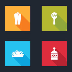 Set Burrito, Maracas, Taco with tortilla and Tequila bottle icon. Vector.