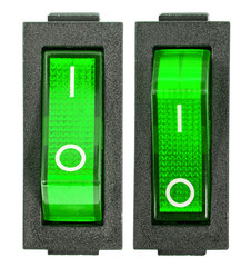 Green power switches at ON and OF position, isolated on white background