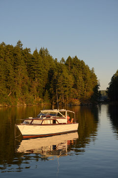 Classic Chris Craft anchored in Pirates Cove, DeCourcy Island, British Columbia, Canada