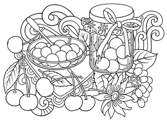 Berries, flowers hand drawn doodles illustration