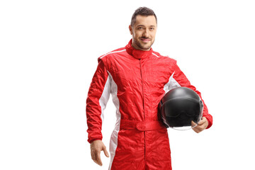 Man racer in a red uniform holding a helmet and smiling - obrazy, fototapety, plakaty