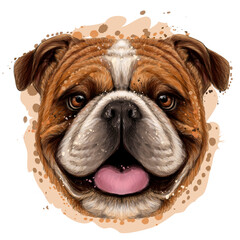 Bulldog. Color, graphic portrait of an English bulldog in watercolor style on a white background. Separate layers. Digital vector graphics.