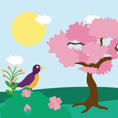 Spring pink tree and bird vector design