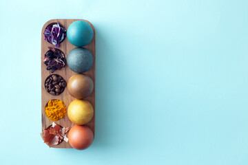 Natural dye for easter eggs - red cabbage, carcade, coffee, turmeric and onion skin on light blue...
