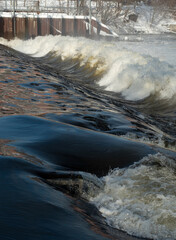 High tide in jena at saale river dam in winter 2021 at a sunny day