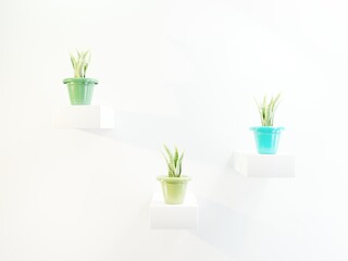 3d plant with colorful pot on white background. 3d rendering illustration.