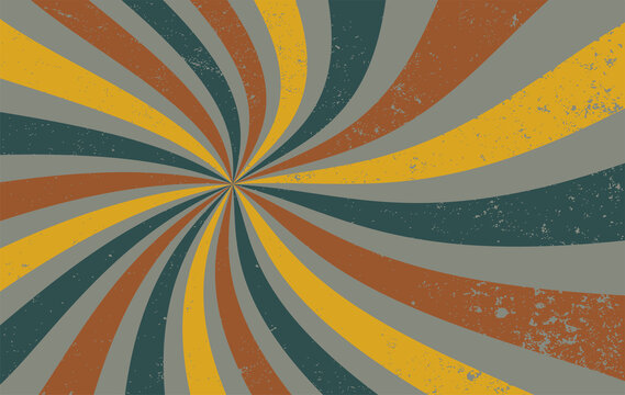 retro starburst sunburst background pattern and grunge textured vintage color palette of fortuna gold, yellow, blue gray and rust red in spiral or swirled radial striped design © Arlenta Apostrophe