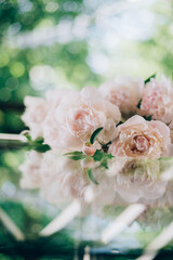Still life of a fresh bouquet of cut pink peonies