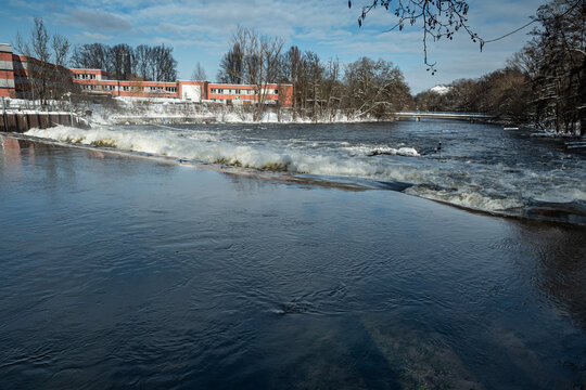 High tide in jena at saale river dam in winter 2021 at a sunny day