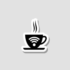 Cup of coffee shop with free wifi zone sticker icon isolated on white background