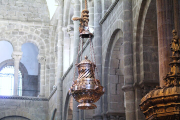 botafumeiro of the cathedral of santiago de compostela hung with rope and in the background you can...