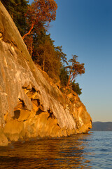 Towering sandstone cliff topped with arbutus trees, Tent Island, Gulf Islands, British Columbia,...