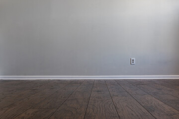 Empty room with gray wall and laminated floor. Electric duplex residential power outlet on the right side of the image. It can be used as a realistic background of virtual furniture or decor. - obrazy, fototapety, plakaty