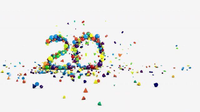 Motion graphics, 4k 3d animation. 2021 New Year. Fountain of toy blocks, cones, spheres and cubes, popular word construction