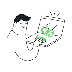 Remote job, freelance, receiving money via the Internet. Cute cartoon man receiving dollars through the computer monitor. Thin line elegance vector illustration on white.