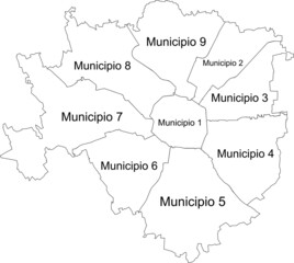 Simple white vector map with black borders and names of zones (municipi) of Milan, Italy