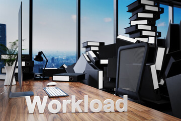 large pile of document folders and stack of ring binders flooding modern office workplace with pc and skyline view; workload concept; 3D Illustration