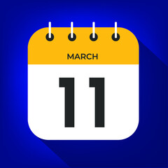 March day 11. Number eleven on a white paper with yellow color border on a blue background vector.