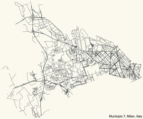 Fototapeta na wymiar Black simple detailed street roads map on vintage beige background of the quarter Municipio 7 Zone of Milan, Italy (Baggio, De Angeli, San Siro)