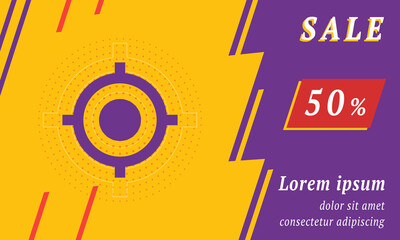 Sale promotion banner with place for your text. On the left is the crosshair symbol. Promotional text with discount percentage on the right side. Vector illustration on yellow background