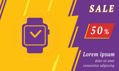 Sale promotion banner with place for your text. On the left is the smart watch symbol. Promotional text with discount percentage on the right side. Vector illustration on yellow background