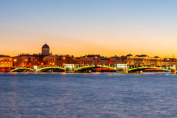 Fototapeta na wymiar Exchange (Birzhevoy) Bridge in Saint Petersburg at sunset, Russia