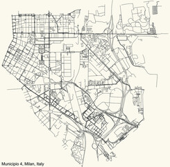 Black simple detailed street roads map on vintage beige background of the quarter Municipio 4 Zone of Milan, Italy (Porta Vittoria, Forlanini)