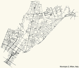 Black simple detailed street roads map on vintage beige background of the quarter Municipio 2 Zone of Milan, Italy (Stazione Centrale, Gorla, Turro, Greco, Crescenzago)