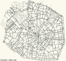 Black simple detailed street roads map on vintage beige background of the quarter Municipio 1 Zone of Milan, Italy (Centro storico)