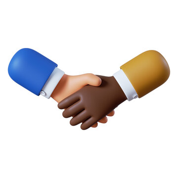3d render. International diplomatic hands icon. African American and caucasian cartoon character handshake. Business clip art isolated on white background.