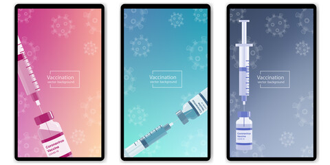 Coronavirus vaccination vertical banner set with covid-19 vaccine bottle, syringe and macro virus cells. Vector red, green, blue background, web template, social media stories, mobile app screens.
