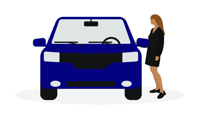 Female character opens car door on white background