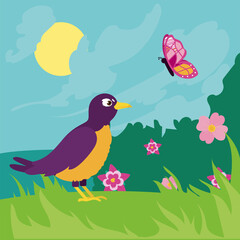 Spring bird and butterfly with flowers vector design
