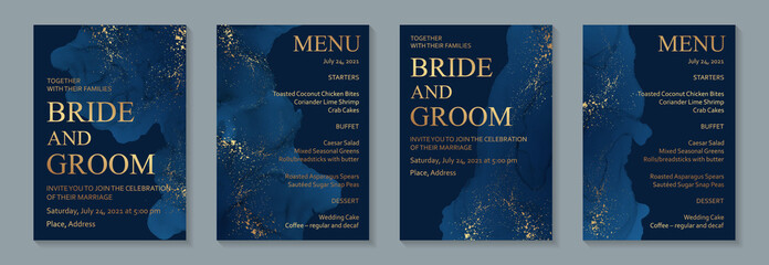 Modern abstract luxury wedding invitation design or card templates for birthday greeting or certificate or cover with navy blue watercolor waves or fluid art in alcohol ink style with golden glitter.