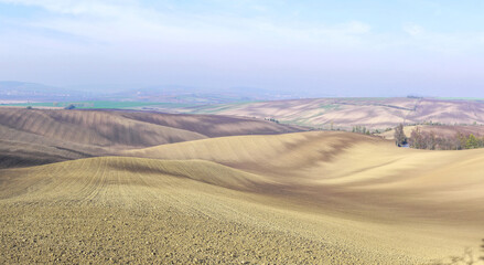 Farm field of arable land on the hills. Severe drought and lack of water