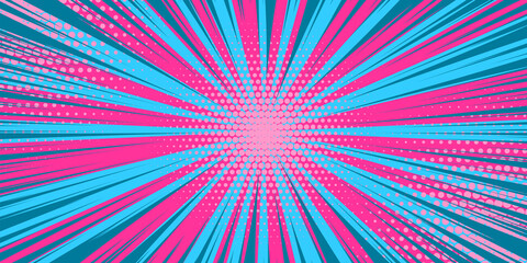 Pop art blue pink comics book cartoon magazine cover. Cartoon funny retro pattern strip mock up. Vector halftone illustration. Vintage backdrop for comic superhero text, speech bubble, message.